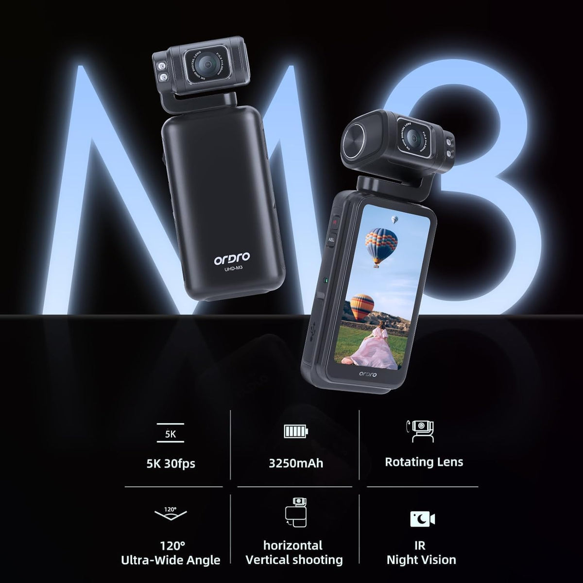 ORDRO M3 draagbare videocamera, 5 K/30 fps vlogging-camera-camcorder met 3,5 inch draaibaar touchscreen voor YouTube TikTok Video Vlog