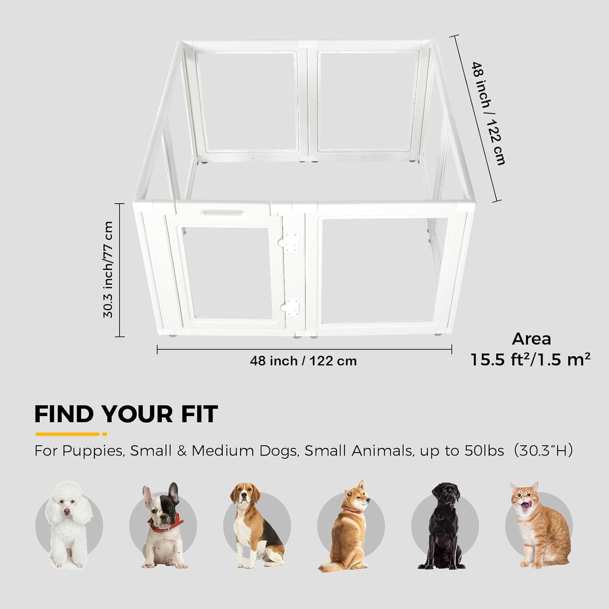 Transparante acryl plastic hondenbox - doorzichtige hondenspeelbox - eenvoudig te monteren acryl hondenbox - puppy box, kattenbox, box voor kleine dieren, hondenspeelbox binnenshuis (wit