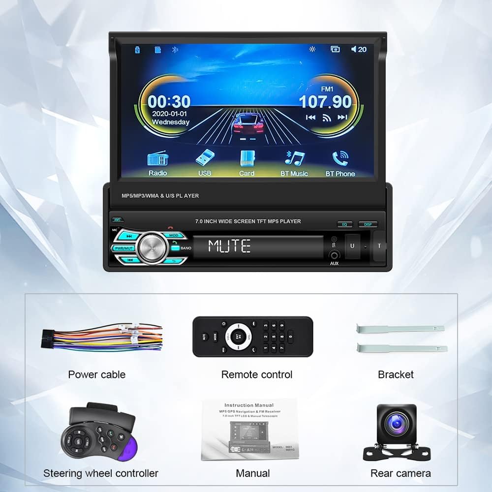 Podofo Autoradio 1 DIN Bluetooth Touchscreen Stereo Radio met Apple Carplay Android Auto, 7 Inch Opvouwbare Touchscreen Autoradio met FM Radio/Spiegellink + AHD Achteruitrijcamera