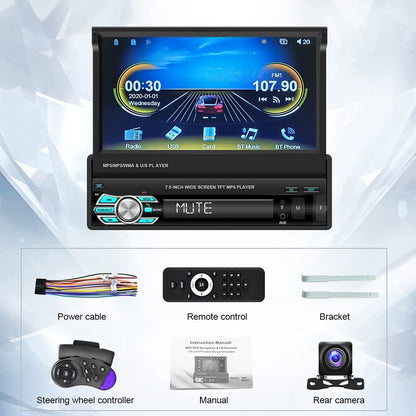 Podofo Autoradio 1 DIN Bluetooth Touchscreen Stereo Radio met Apple Carplay Android Auto, 7 Inch Opvouwbare Touchscreen Autoradio met FM Radio/Spiegellink + AHD Achteruitrijcamera