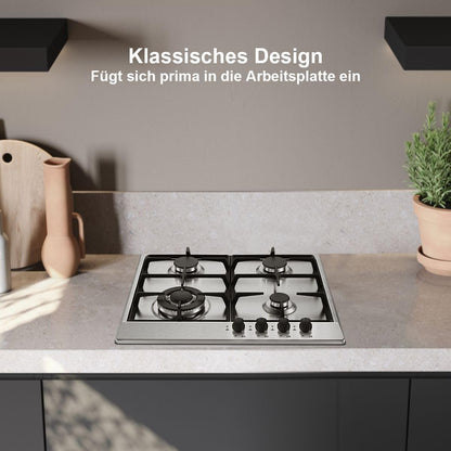 Gaskookplaat – Gasfornuis – Inbouwkookplaat – 4-pits Kookplaat – Gasstel – Roestvrij Staal – Automatische Vlambescherming – 8060 W Vermogen