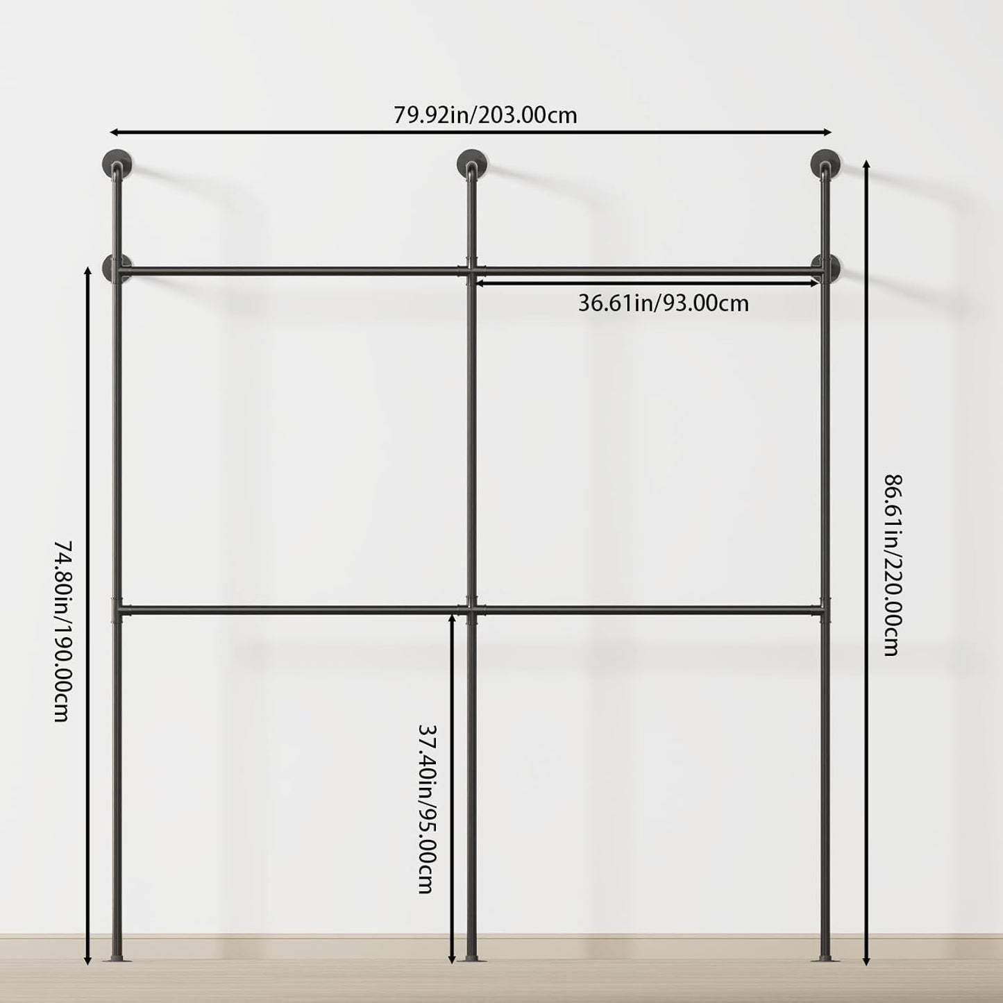 Kledingstang, wandmontage, 300 kg draagvermogen, open kledingkast of kledingrek, industrieel goud, van metaal, waterleidingen, 2 zuilen en 2 etages, 203 x 220 cm