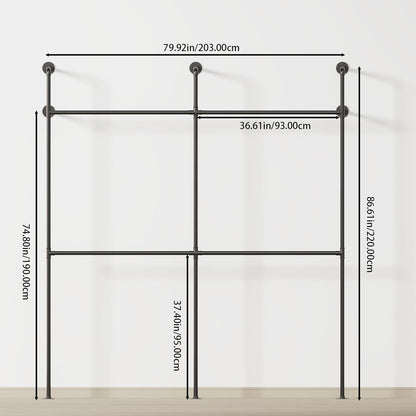 Kledingstang, wandmontage, 300 kg draagvermogen, open kledingkast of kledingrek, industrieel goud, van metaal, waterleidingen, 2 zuilen en 2 etages, 203 x 220 cm