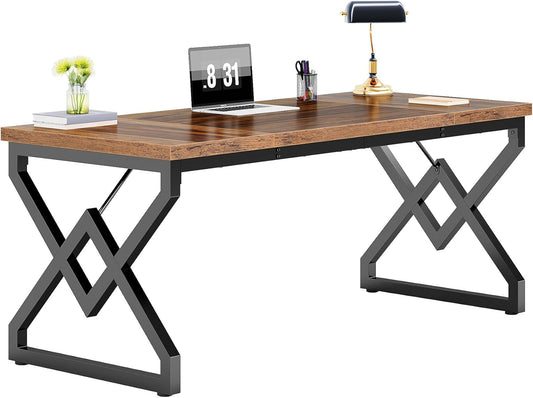 Tribesigns 160cm Executive Desk, Large Office Computer Desk with Extra Thick Wood Table Top and Metal Frame, Modern, Simple Workstation Writing Desk, Study Desk for Home Office, Vintage