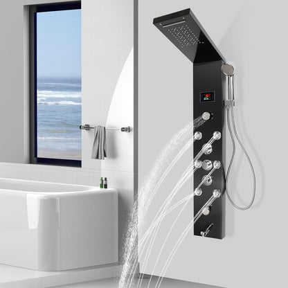 Douchepaneel – Douchekolom – Douchewand – Thermostaatkraan – Regendouche – RVS Zwart – LED Temperatuurweergave – 6 Waterstanden