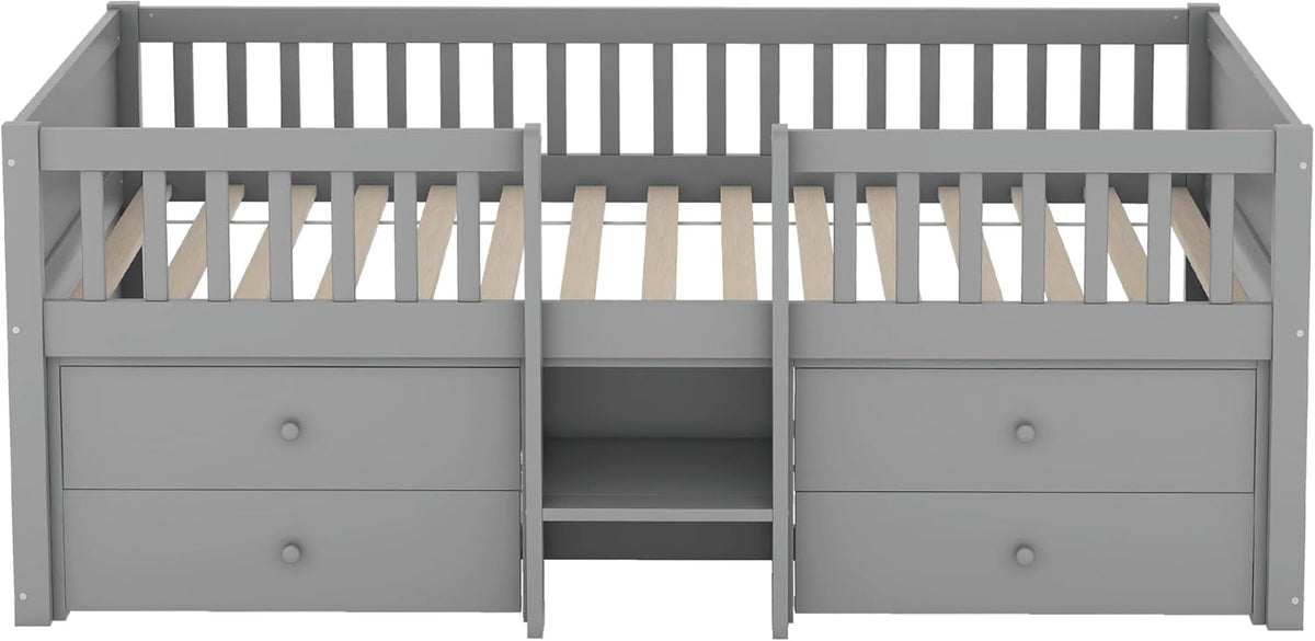 Children's Bed with Drawers, Slatted Frame, Storage and Fall Protection, Teenage Bed, Single Bed, Wooden Pine Bed (Grey, 90 x 200 cm) - QUORE