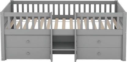 Children's Bed with Drawers, Slatted Frame, Storage and Fall Protection, Teenage Bed, Single Bed, Wooden Pine Bed (Grey, 90 x 200 cm) - QUORE