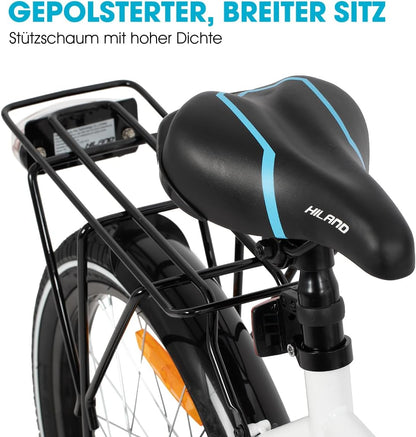 Hiland Mountainbike, 16/18/20 inch, voor jongens en meisjes vanaf 4, 5, 6, 7, 8, 9 jaar, lichte bagagedrager, steunwielen/standaard, zwart/wit