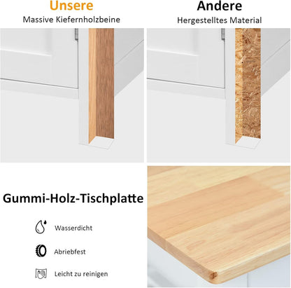 FANTASK Houten keukentrolley op wieltjes, wijnrek & handdoekhouder, keukeneiland met laden, serveerwagen met werkblad, wit