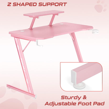 Intimate WM Heart Gaming Bureau, grote ergonomische gaming computer bureau, koolstofvezel tafelblad E-Sports bureau met verstelbare monitor plank, draaibare oortelefoon, beker, handvat houders, roze
