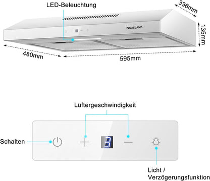 GASLAND SR60WS Afzuigkappen, 60 cm, circulatiemodus, stille afzuiging 214 m³/h, 3 standen touch-bediening, hangende kappen met koolstoffilter CF158, wit metaal met glazen kap