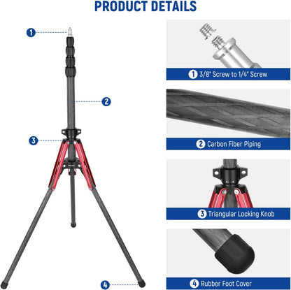 Lichtstandaard – Lampstatief – Fotostatief – Reisstatief – Studio Statief – Koolstofvezel – 180° Omkeerbare Poten – 51 Tot 220 Cm – 3,5 Kg Draagkracht