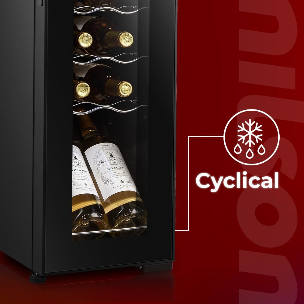 Nilson NVN1200S Wijnkast, 12 flessen, zwart, 44 dB, geluidsniveau, enkele temperatuurzone, digitaal display, led-binnenverlichting, glazen deur, opening, energie-efficiëntieklasse G