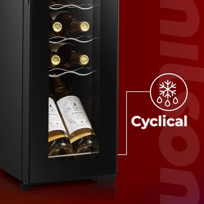Nilson NVN1200S Wijnkast, 12 flessen, zwart, 44 dB, geluidsniveau, enkele temperatuurzone, digitaal display, led-binnenverlichting, glazen deur, opening, energie-efficiëntieklasse G