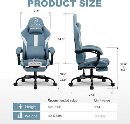 GTPLAYER Gaming Chair, Gamers Chair, Breathable Office Chair Made of High Quality Fabric, Ergonomic PC Chair, Adjustable and Swivel Office Chair with Footrest, Blue - QUORE