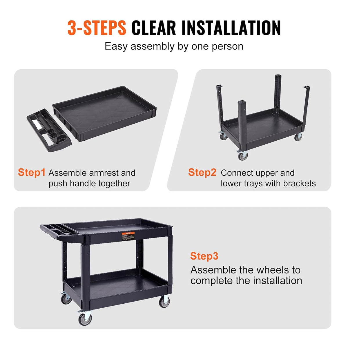 VEVOR Serving trolley 116 x 65 x 85 cm transport trolley 2 shelves total capacity 250 kg 125 kg/rack 360° swivel wheels (2 with brakes) with handle for warehouse, garage, cleaning