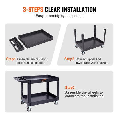 VEVOR Serving trolley 116 x 65 x 85 cm transport trolley 2 shelves total capacity 250 kg 125 kg/rack 360° swivel wheels (2 with brakes) with handle for warehouse, garage, cleaning
