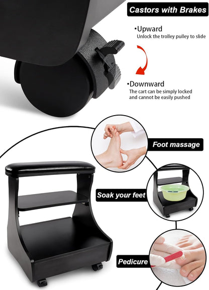 Pedicure voetsteun met wielen Zwart – Manicure voetsteun – Voetsteun – Pedicure voetrust – Voetsteun met opbergruimte – PU-Leren Bovenlaag – 4 Zwenkwielen Met Rem