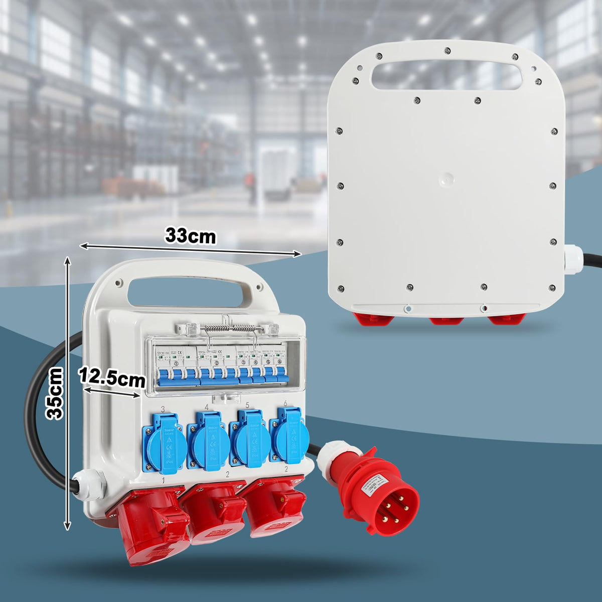 Stroomverdeler bouwstroomverdeler, 2xCEE 400V/16A 1xCEE 400V/32A 4x230V, bouwverdeler met stroomschakelaars, met 1,2 meter voedingskabel, voor bouwplaatsen