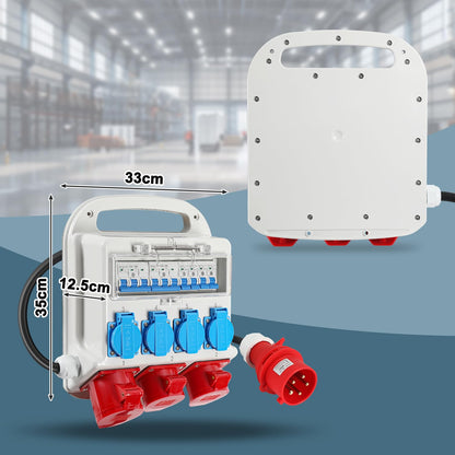 Stroomverdeler bouwstroomverdeler, 2xCEE 400V/16A 1xCEE 400V/32A 4x230V, bouwverdeler met stroomschakelaars, met 1,2 meter voedingskabel, voor bouwplaatsen