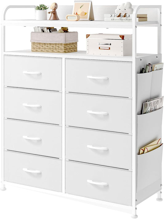 Kast Met Lades – Ladekast – Opbergkast – Dressoir – Kledingkast – 8 Stoffen Lades – Stevig Metalen Frame – 2-Laags Houten Bovenblad – Wit