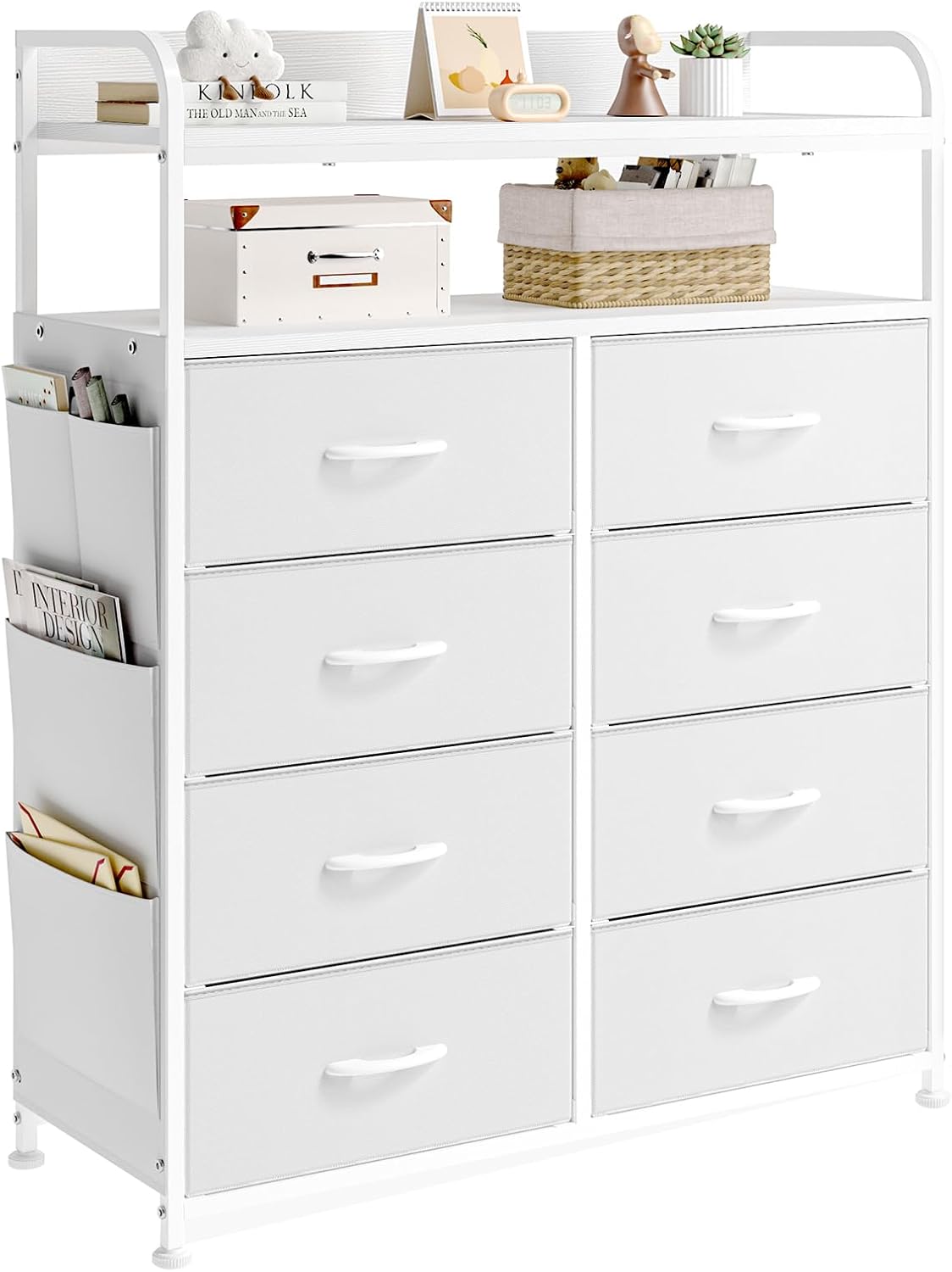 Commode met Laden, Commode Kast met 8 Stoffen Lades, Dressoirs Voor Slaapkamer met 2-Laags Houten Blad, Metalen Frame, Woonkamer, Wit