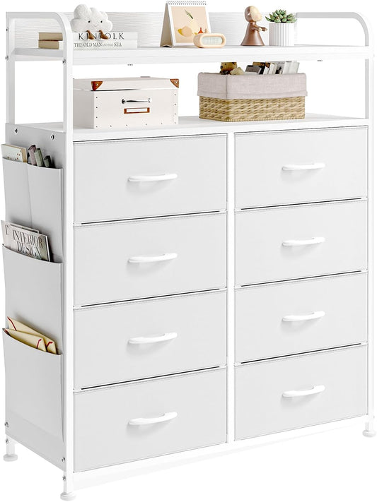 Commode met Laden, Commode Kast met 8 Stoffen Lades, Dressoirs Voor Slaapkamer met 2-Laags Houten Blad, Metalen Frame, Woonkamer, Wit