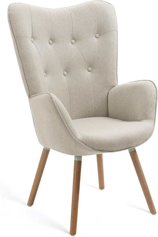 MEUBLE COSY Leunstoelen scandinavische vrijetijds leunstoel met stoffen bekleding, gewatteerde armleuningen en massief houten poten voor woonkamer slaapkamer kantoor Vanity, stof, beige, 66x53x108cm
