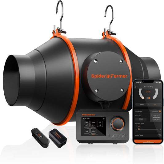Spider Farmer Inline-buisventilator 100 mm/4 Inch met GGS Temp Vochtigheidsregelaar, WiFi App-bediening, 350 m³/u EC-motor, 27 W Grow Ventilator Beluching Afvoerventilator voor Kweektent, Kweekbox