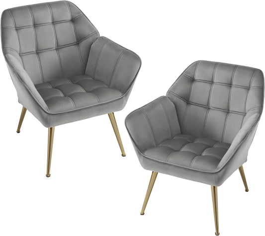 Fluwelen Fauteuil Set – Gestoffeerde Stoel – Kuipstoel – Accentstoel – Lounge Stoel – Compact Design – Metalen Poten – 2 Stuks Grijs