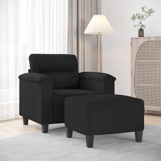 Fauteuil met Kruk – Loungestoel – Moderne Stoel – Armleuningstoel – Leesstoel – Zwart – Microvezelweefsel – Compact 60 cm – Comfortabel met Voetenbank