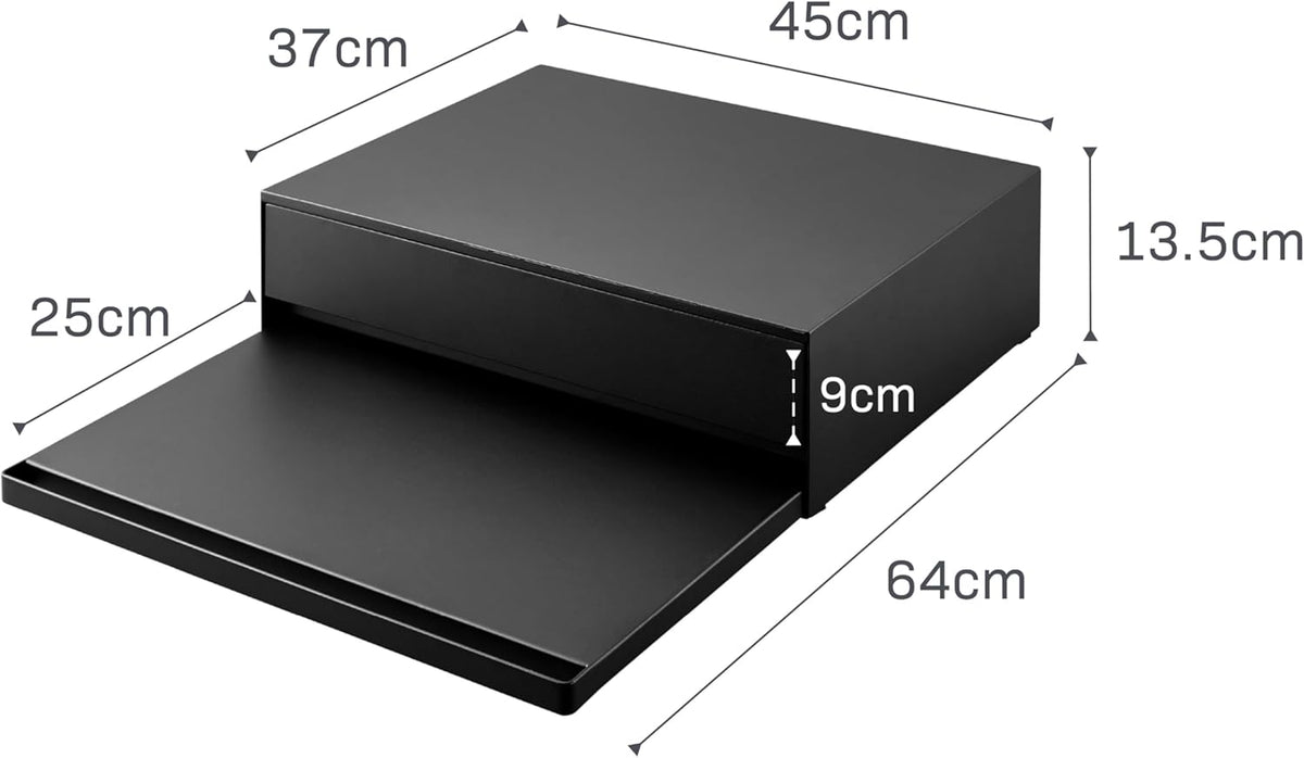 Yamazaki 2008 TOWER Sliding Countertop Tray with Drawer, black, Steel/Polypropylene/Silicone, 45 x 39.3~64 x 13.5 cm