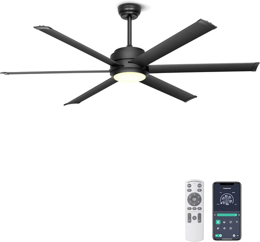 Ohniyou Plafondventilator met licht, industriële plafondventilator, 152,4 cm, met afstandsbediening en app, dimbaar, gelijkstroommotor, grote plafondventilator voor terras, woonkamer, zwart