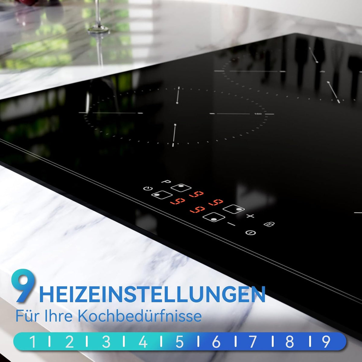 Hermitlux Inductiekookplaat, 60 cm, 4 kookplaten, 9 standen, Touch Slider Control, veiligheidskookplaat en timer, 7200 W