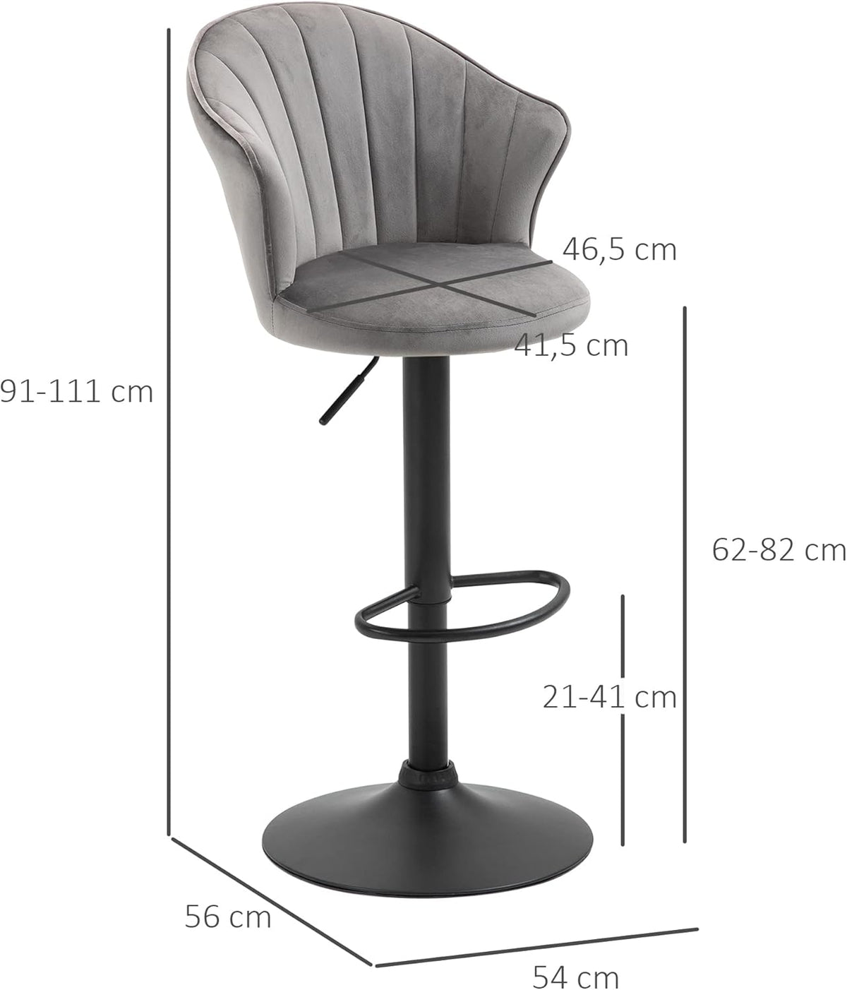 HOMCOM set of 2 bar stools, swivel bar stools with velvet touch backrest, height adjustable armless foam grey 51.5 x 57.5 x 93-114.5 cm - QUORE