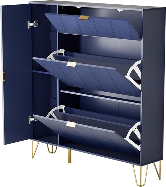 Schoenenkast – Schoenenrek – Schoenenkastje – Schoenenkast Smal – Schoenkast Hal – Donkerblauw – Smal Design – MDF Metalen Pootjes
