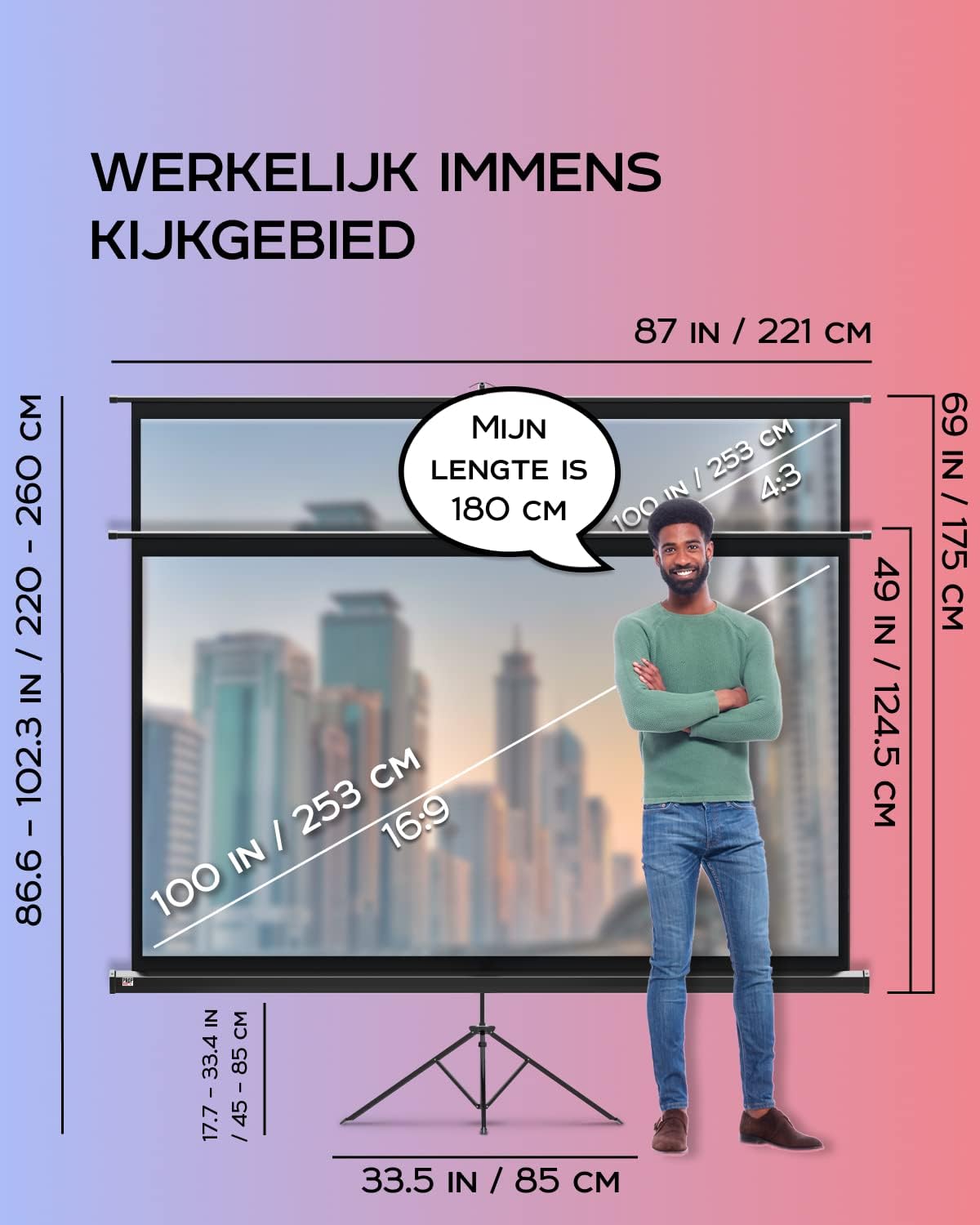PropVue Projectiescherm met standaard, 100 inch (ca. 254 cm) projectiescherm voor binnen en buiten, voor film- of kantoorpresentatie, instelbaar van 16:9 tot 4:3, HD-premium kreukvrij statiefscherm voor projector