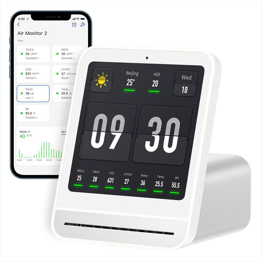Qingping Air Quality Monitor Gen 2, Air Quality Monitor Indoor Detects PM2.5, CO2, PM10, Noise, Temperature and Humidity, New Upgraded Alarm Clock Function, Air Quality Tester for Bedroom