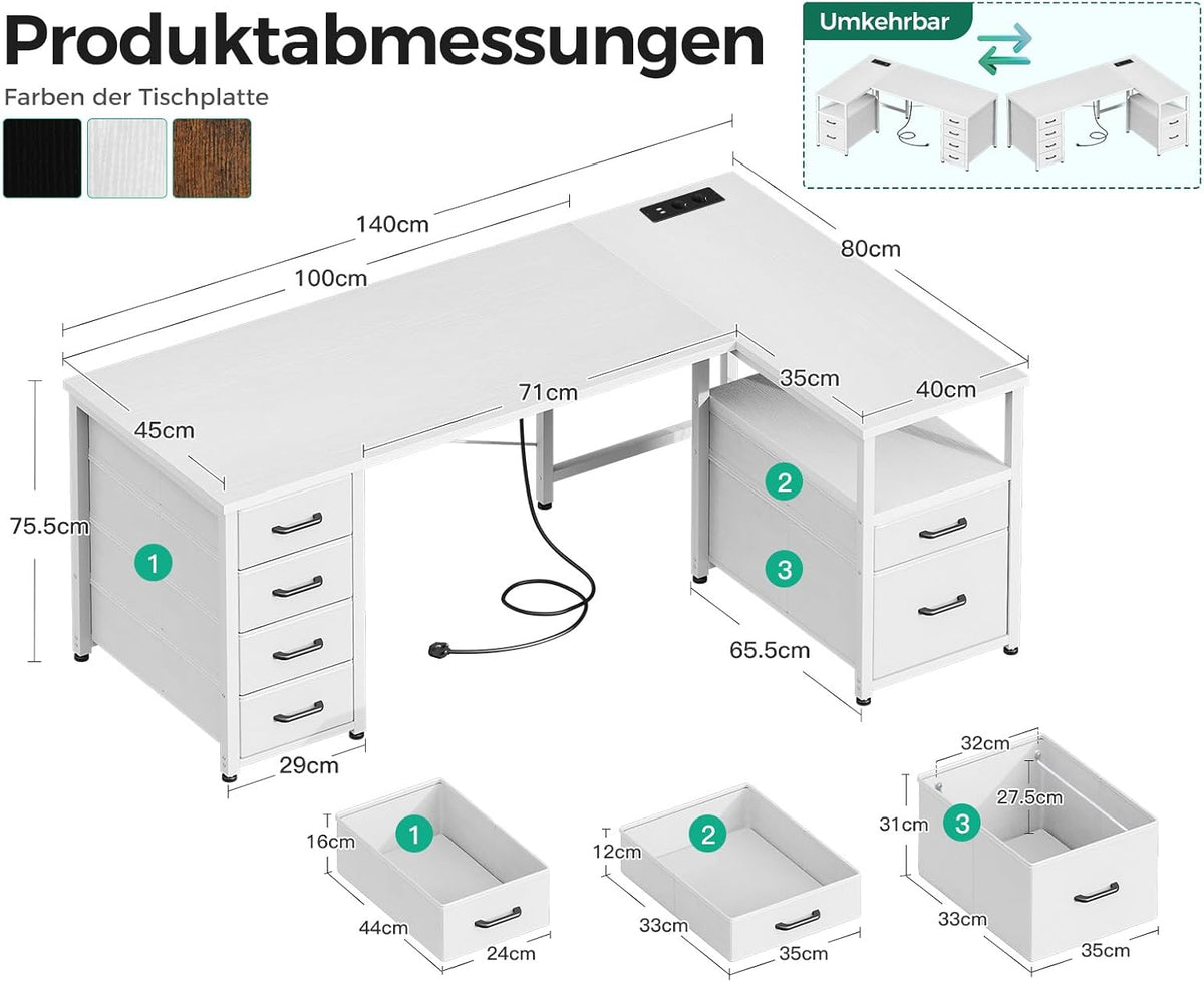 Coleshome Bureau met Stoffen laden, Omkeerbaar Bureau, 140 x 80 cm L-vorm met Aktlade, Hoekbureau met USB-Oplaadpoort en Stopcontact, Thuiskantoor, Bureau, Wit
