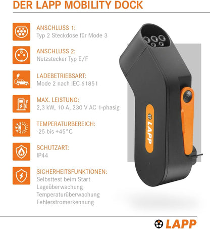Lapp Mobility dock/mobiele EV oplader voor het huishoudelijk stopcontact/noodlader voor e-auto's/draagbare e-autolader voor onderweg/oplader voor elektrische en plug-in/IP44