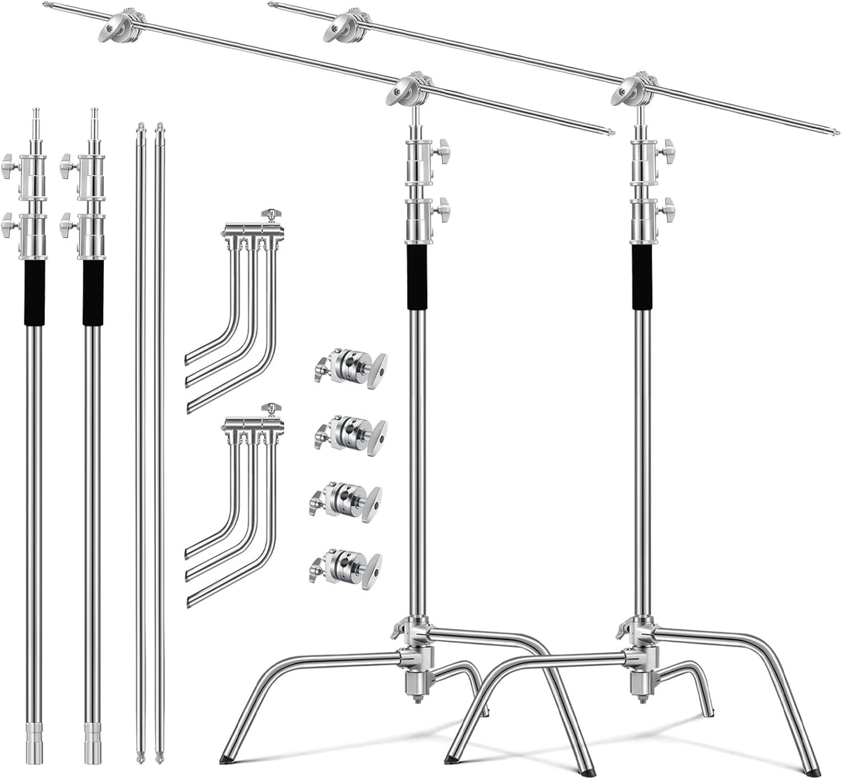 Soonpho Set van 2 C-statieven, heavy-duty staal, C-standaard van roestvrij staal, zilver, 330 cm, verstelbare lichtstandaard voor Studio softbox reflector, lichtstatief voor Godox AD200 Pro SK400II