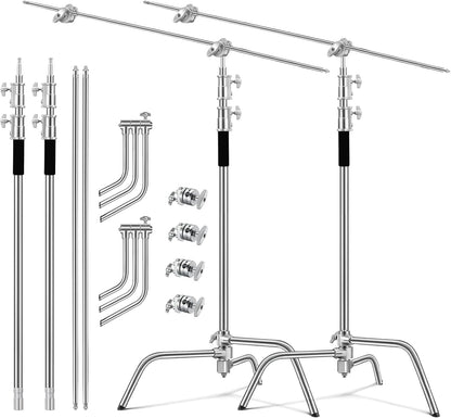 Soonpho Set van 2 C-statieven, heavy-duty staal, C-standaard van roestvrij staal, zilver, 330 cm, verstelbare lichtstandaard voor Studio softbox reflector, lichtstatief voor Godox AD200 Pro SK400II