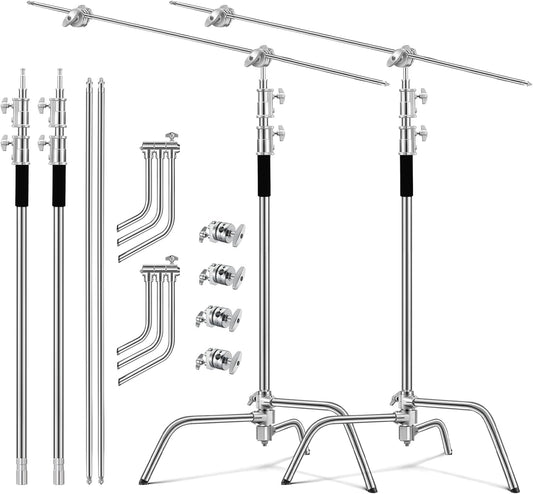 Soonpho Set van 2 C-statieven, heavy-duty staal, C-standaard van roestvrij staal, zilver, 330 cm, verstelbare lichtstandaard voor Studio softbox reflector, lichtstatief voor Godox AD200 Pro SK400II