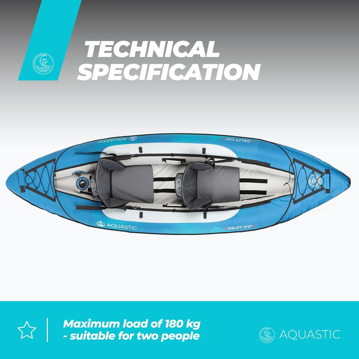 AQUASTIC Kajak Dolph Opblaasbare 2-persoons kajak in set met twee zitplaatsen, opblaasbare stabilisator en beschermhoes, 335 x 96 cm, ideaal voor raften en uitstapjes, sterk pvc-materiaal