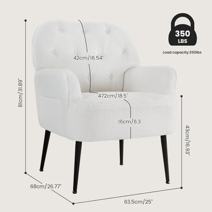 IWMH Armchair for Living Room, Teddy Fluffy Fabric Accent Chair for Bedroom, Read Tub Chair Comfortable Large Mid-Century Occasion Chair, Metal Legs (White*2) - QUORE