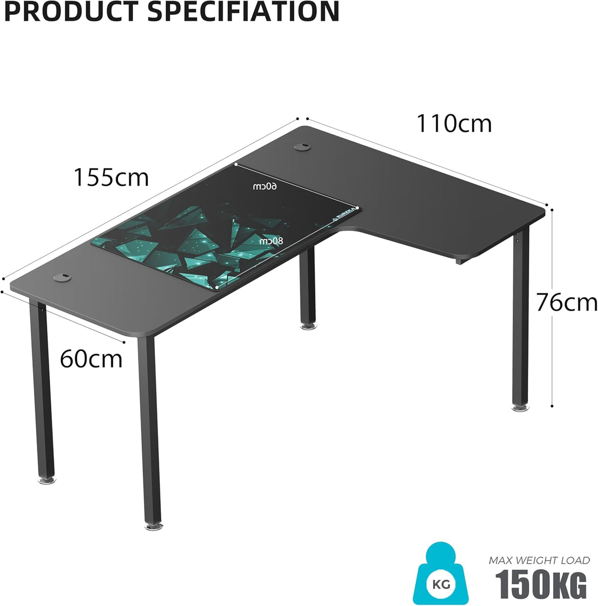 Eureka Ergonomisch gaming-bureau. 155 cm Hoekbureau groot L-vormig gaming computerbureau met kabel management systeem en muismat voor thuiskantoor. Zwart, rechts