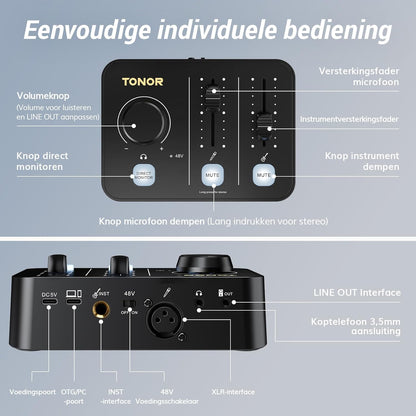 TONOR Podcast-Apparatuurpakket, Mixer met Dynamische Microfoon en Microfoonarm, XLR-Microfoon met Studio-Audio-Interface, Microfoonarm, Alles-in-één Pakket voor Opnemen, Streamen, POD-1