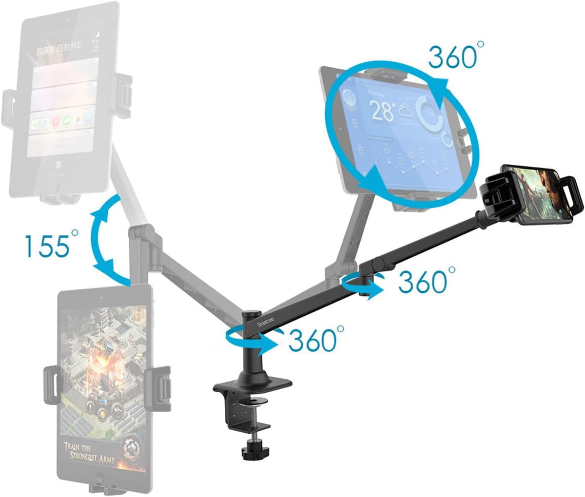 Smatree Tabletstandaard en telefoonhouder voor bureau, flexibele 360° tablethouder compatibel met 12,9 inch iPad Pro, iPad Mini/Air, iPhone 11, eBook Reader, Nintendo Switch, zwart