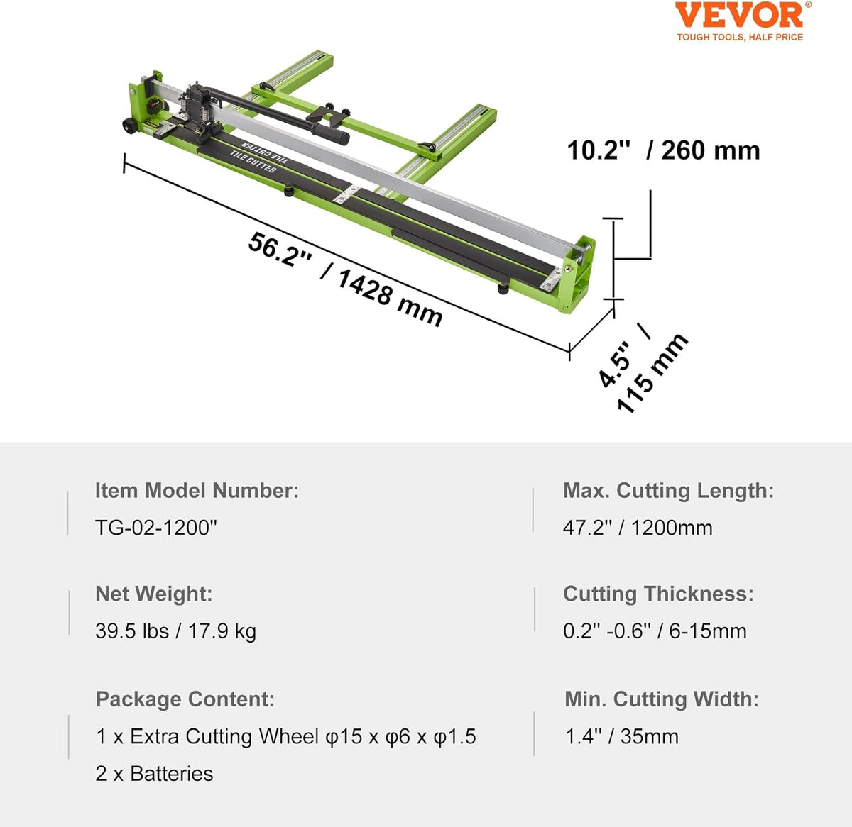 VEVOR Handmatige tegelsnijder, 1200 mm, geschikt voor vloertegels van porselein en keramiek, 47 inch