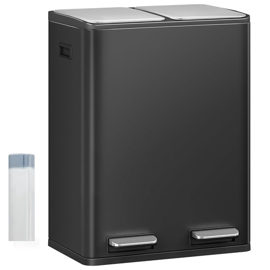 Hzuaneri Kitchen Trash Bin, Waste Separation System, 2 Compartments, 60 L (2 x 30 L), Stainless Steel Kitchen Trash Bin, Pedal Bin, Silent Slow Waste Bag, with 15 Exclusive Waste Bags, Black